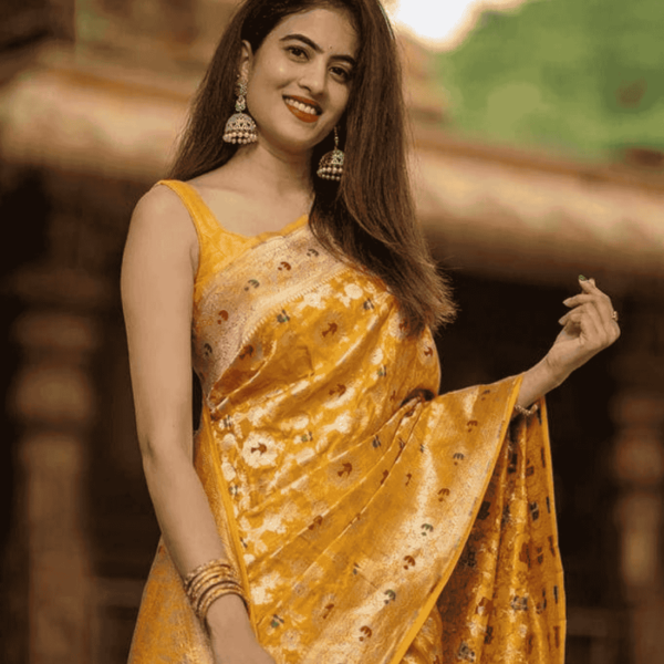 Yellow Haldi Special Banarasi Kanjivaram Silk Saree With Blouse - Image 6