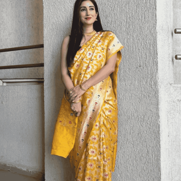 Yellow Haldi Special Banarasi Kanjivaram Silk Saree With Blouse - Image 3