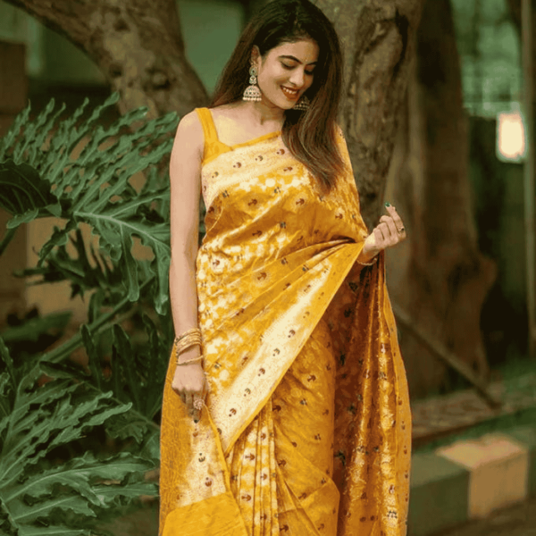 Yellow Haldi Special Banarasi Kanjivaram Silk Saree With Blouse - Image 2