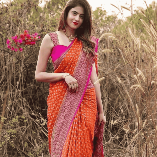 Women Banarasi lichi Silk saree With Blouse piece (orange colour) - Image 3