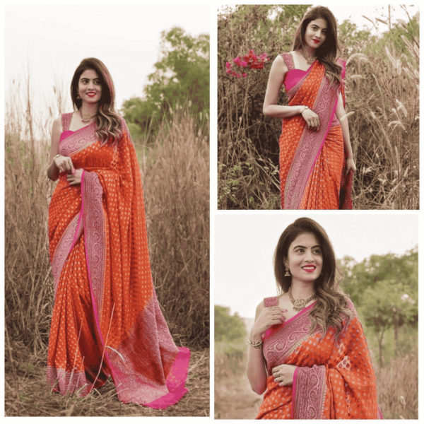 Women Banarasi lichi Silk saree With Blouse piece (orange colour) - Image 4