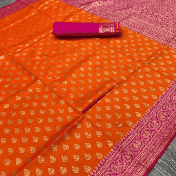 Women Banarasi lichi Silk saree With Blouse piece (orange colour) - Image 5